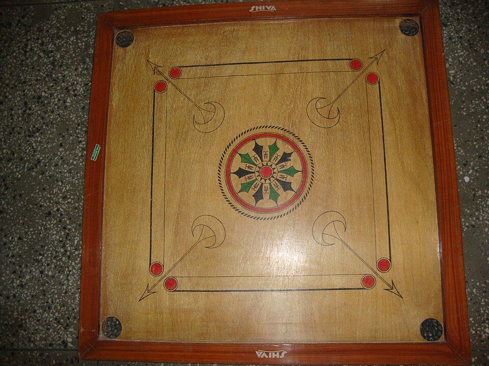 Carrom Board aus der Draufsicht mit Spielfläche, Rahmen und Ecktaschen für die Übersicht der Board Maße