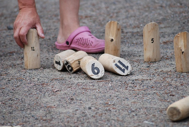 Mölkky Holzspiel mit nummerierten Wurfhölzern