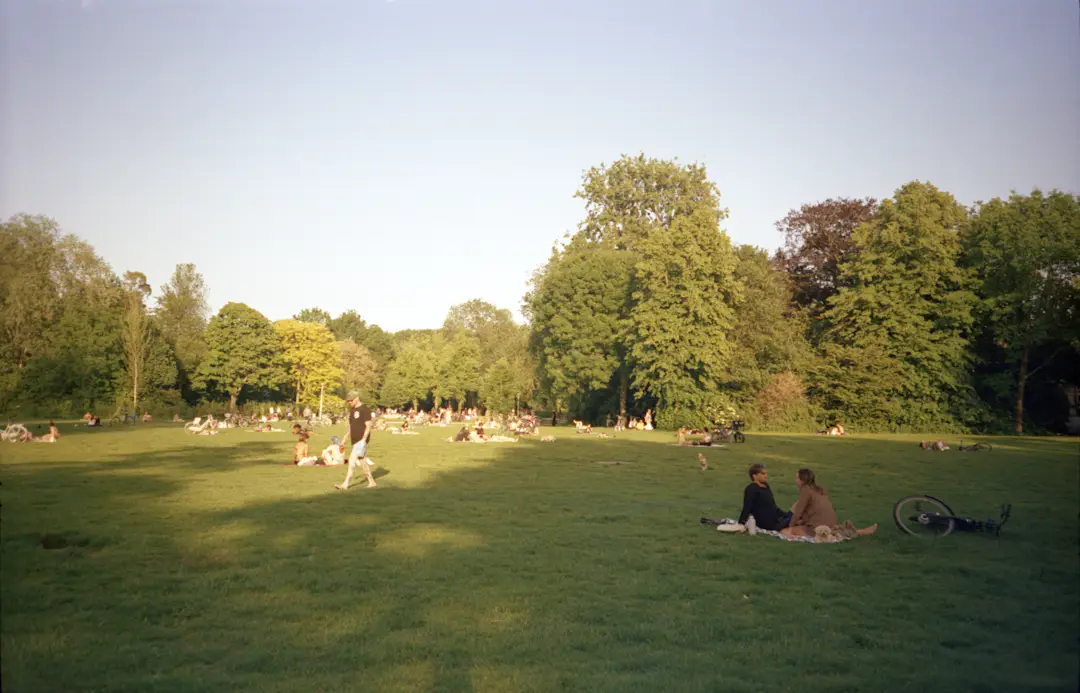 Menschen entspannen und spielen auf einer großen Wiese im Park